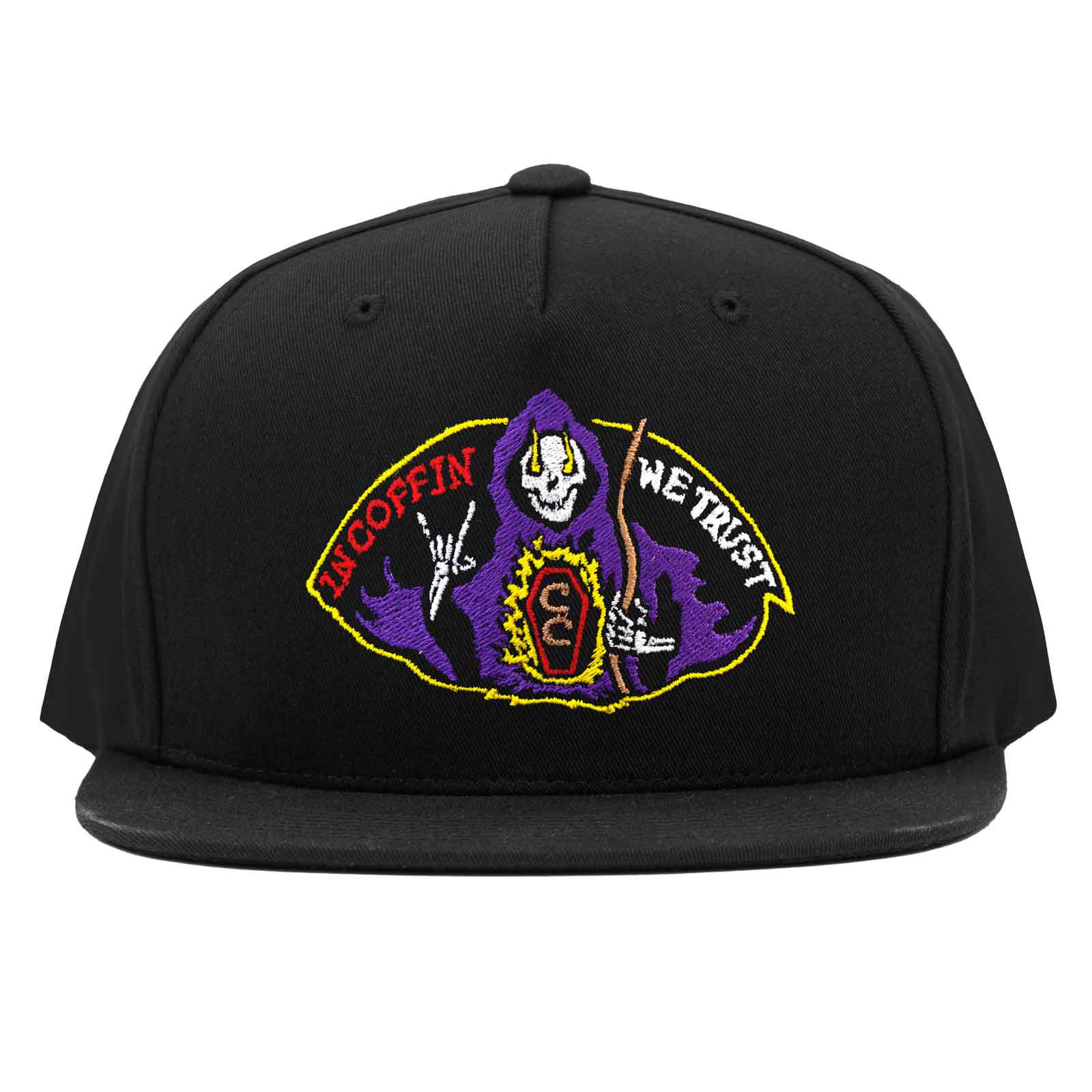 The saint grim reaper throwing up rock n' roll sign while a coffin burns with truth. In coffin we trust, fuel the fire! Embroidery on Cruise Coffin snapback. Ride the darkside!